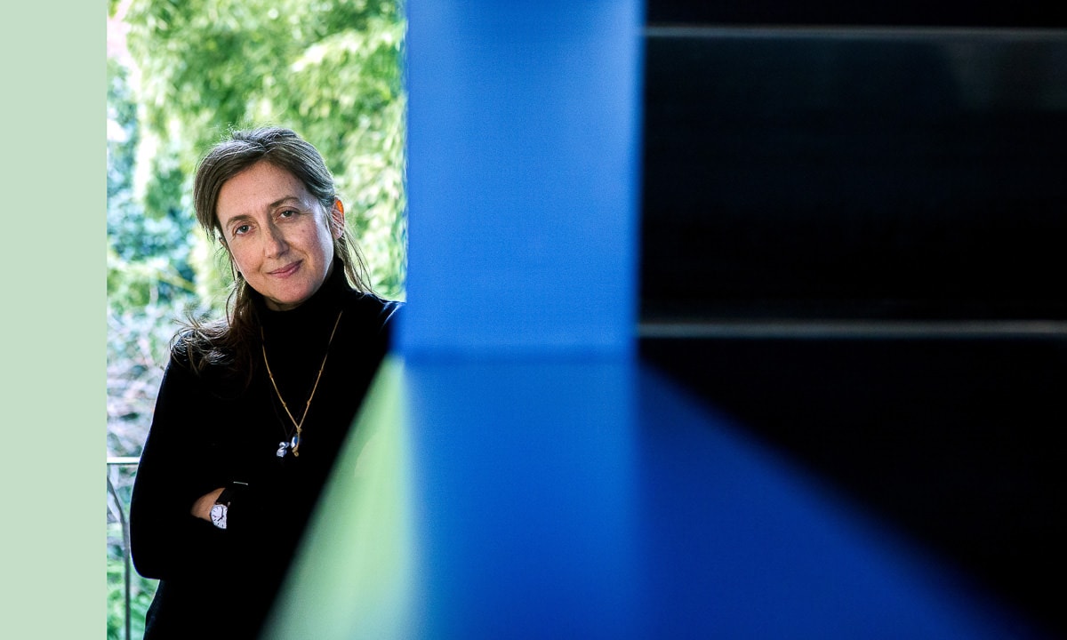 portrait of woman with large blue space