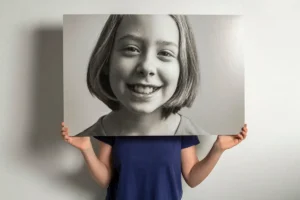 A person holding a large black-and-white portrait of a smiling girl. A person holding a large black-and-white print of a smiling girl.