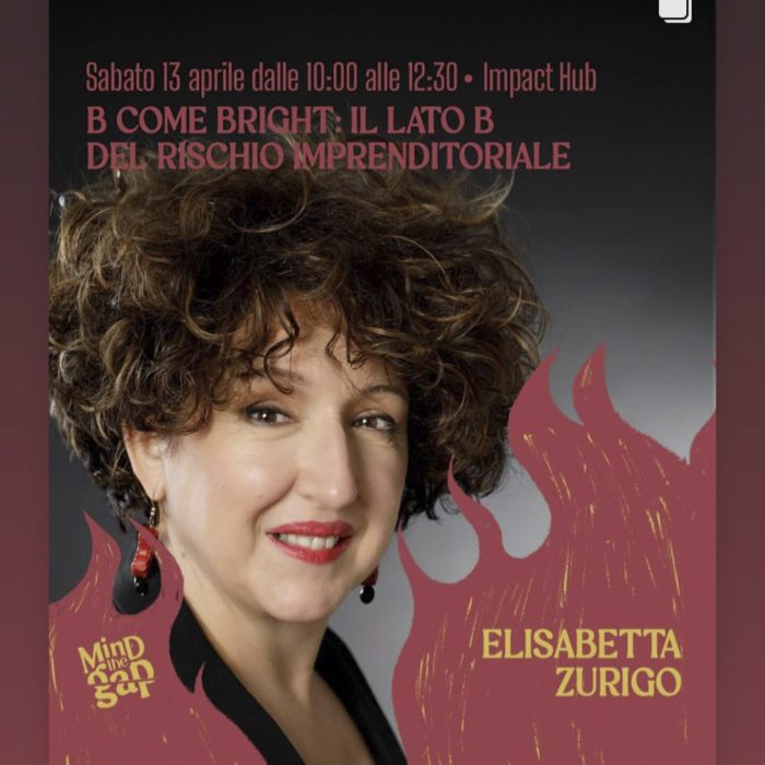 Ritratto di una donna con i capelli ricci che sorride, con testo in italiano che promuove un evento con Elisabetta Zurigo sui rischi dell'imprenditorialità. Data dell'evento: sabato 13 aprile, presso Impact Hub. Sono visibili anche i loghi e i manici di Instagram.